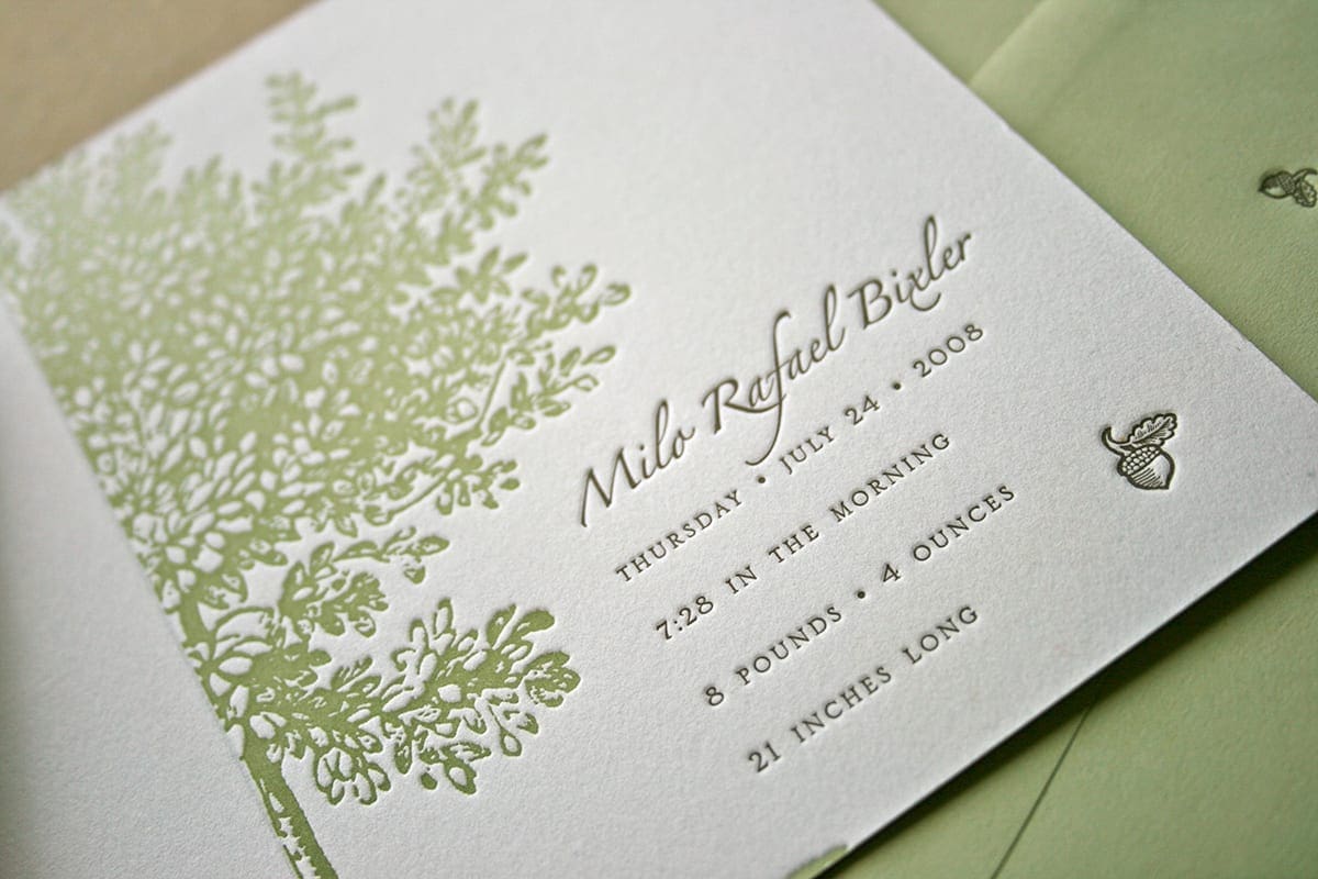 Letterpress Acorn Baby Announcement by Clo Mor Press
