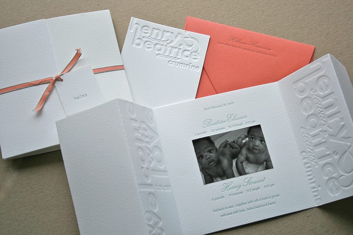 Letterpress Twins Blind Press Baby Announcement by Clo Mor Press